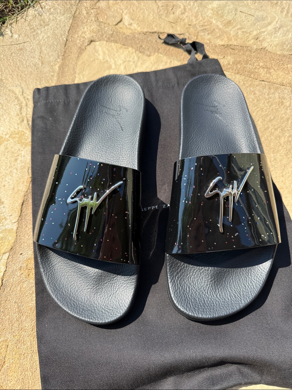 Giuseppe Zanotti Parisienne Glitter Patent Pool Slides in Black